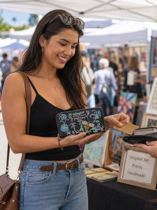 Hand Crafted Handbags - Hand Painted Leather Black Floral & Bee Zip Wallet with Blue and Purple Accents